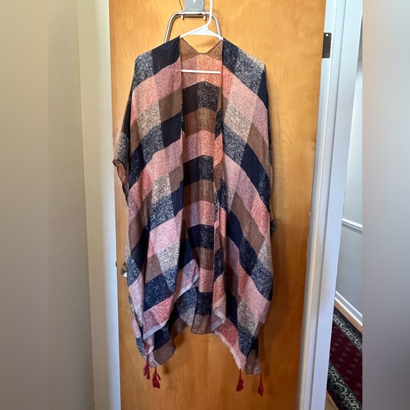 Accessories - Pink, navy and neutral colored plaid light weight wrap